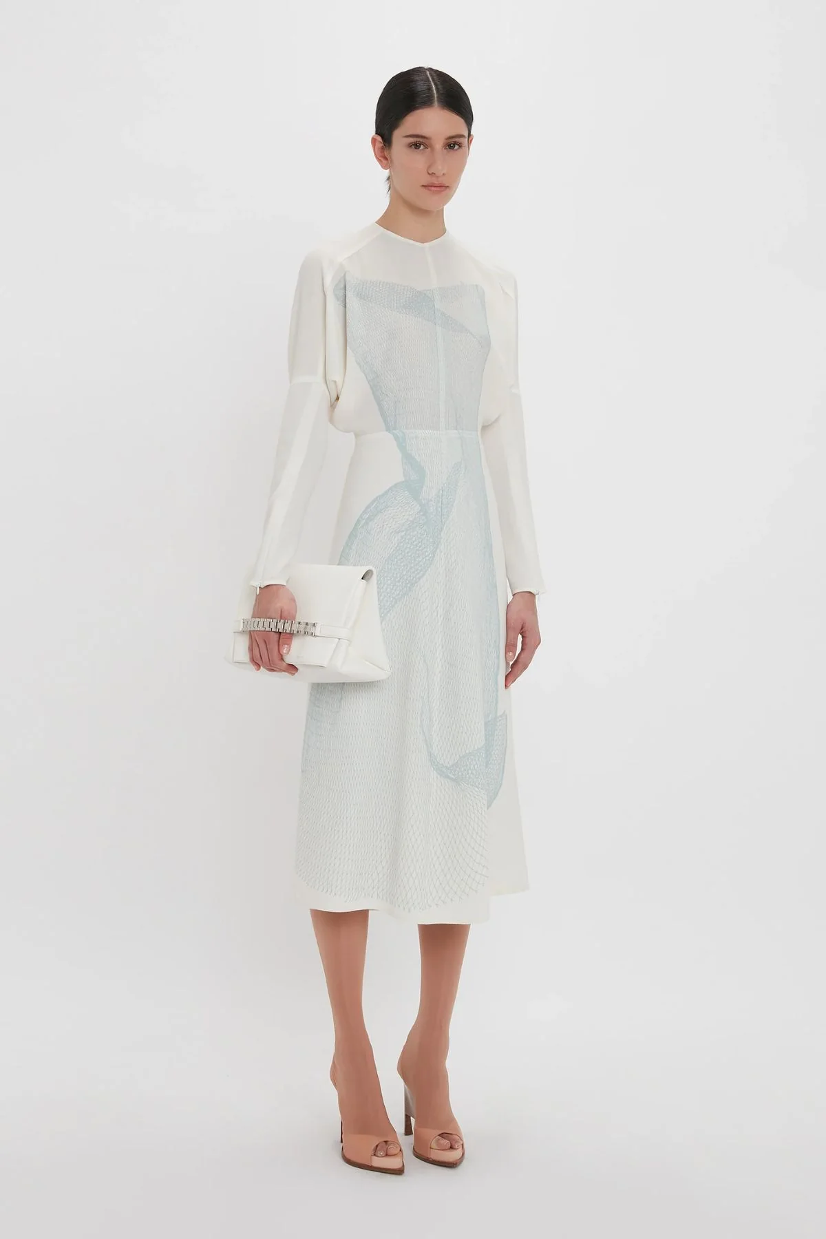 Victoria Beckham Long Sleeve Dolman Midi Dress - White/ Viper Blue - Image 6