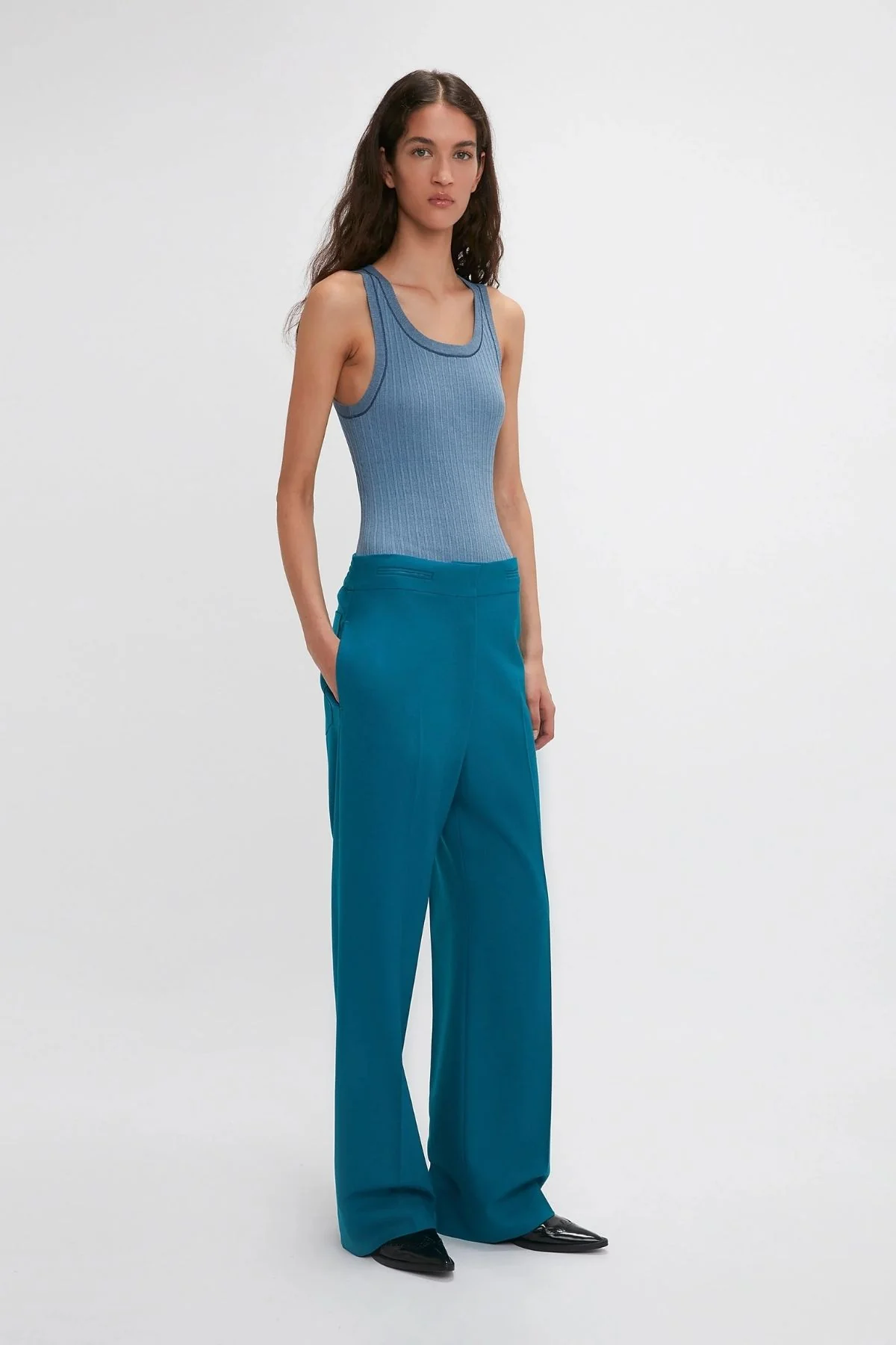 Victoria Beckham Waistband Detail Straight Leg Trouser - Petroleum - Image 4