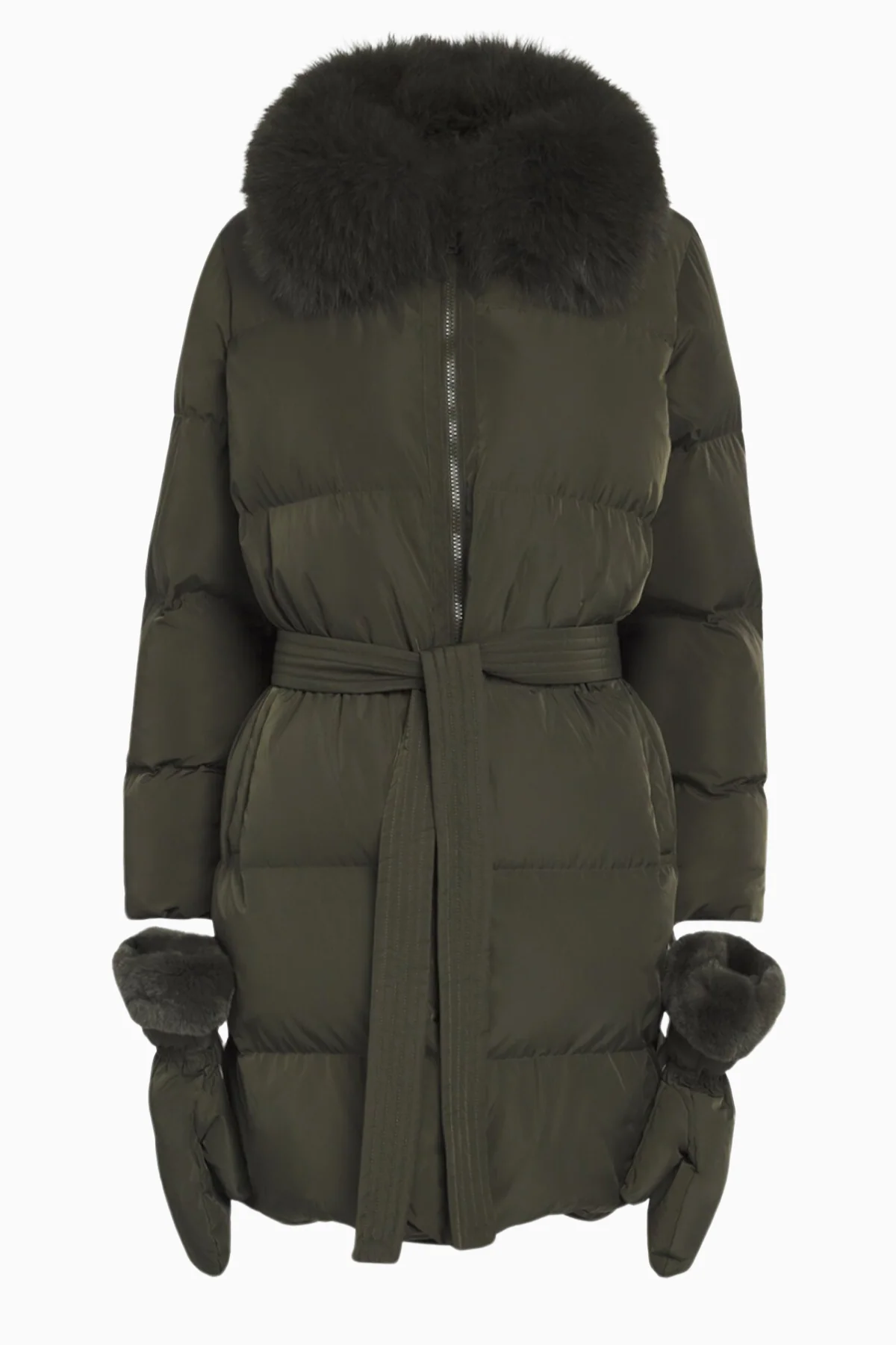 Yves Salomon Fox Collar 110cm Parka Detachable Hood & Mittens - Amazone Green